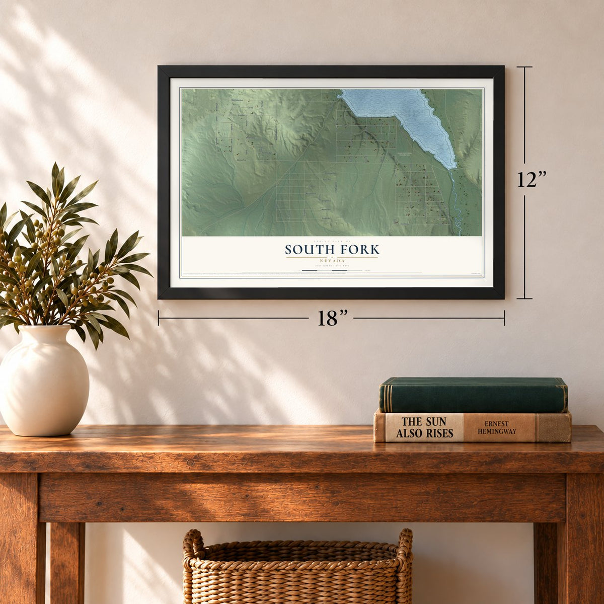 South Fork, Nevada map, 12 x 18 inch print in a black frame in an entryway