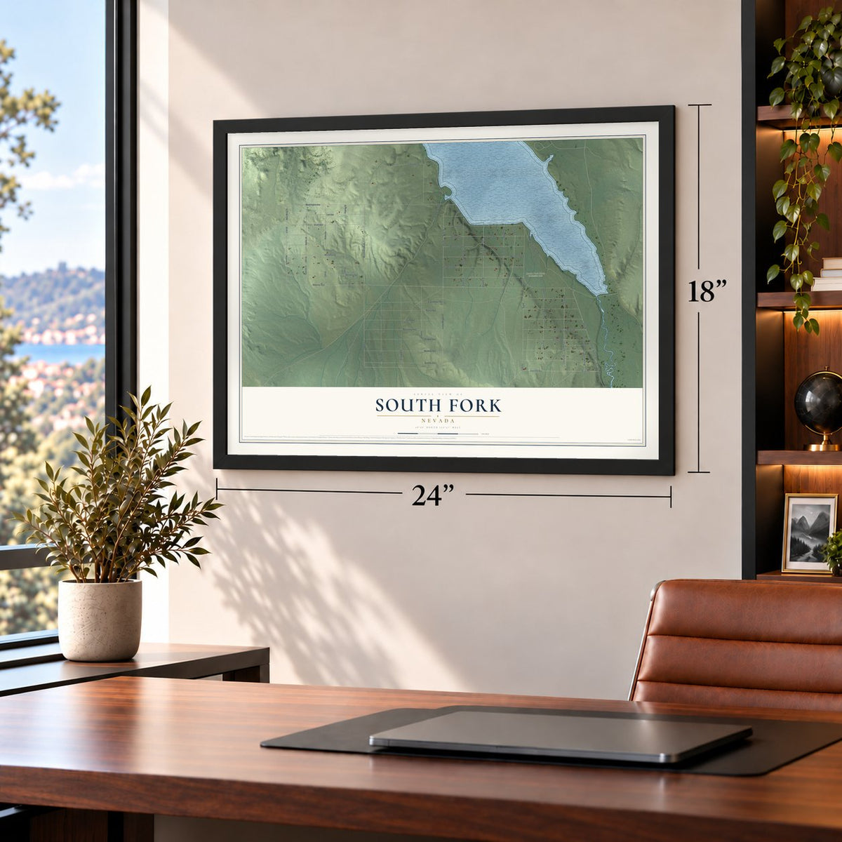 South Fork, Nevada map, 18 x 24 inch print in a black frame in a home office