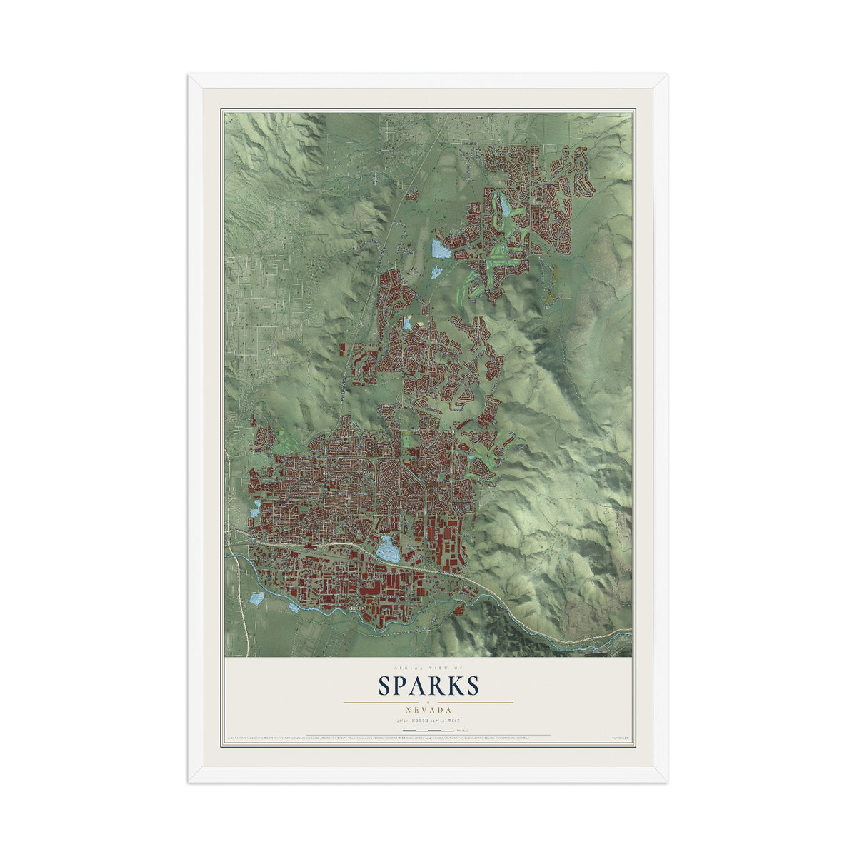 Map of Sparks, Nevada, 12 x 18 inch print in a white wood frame