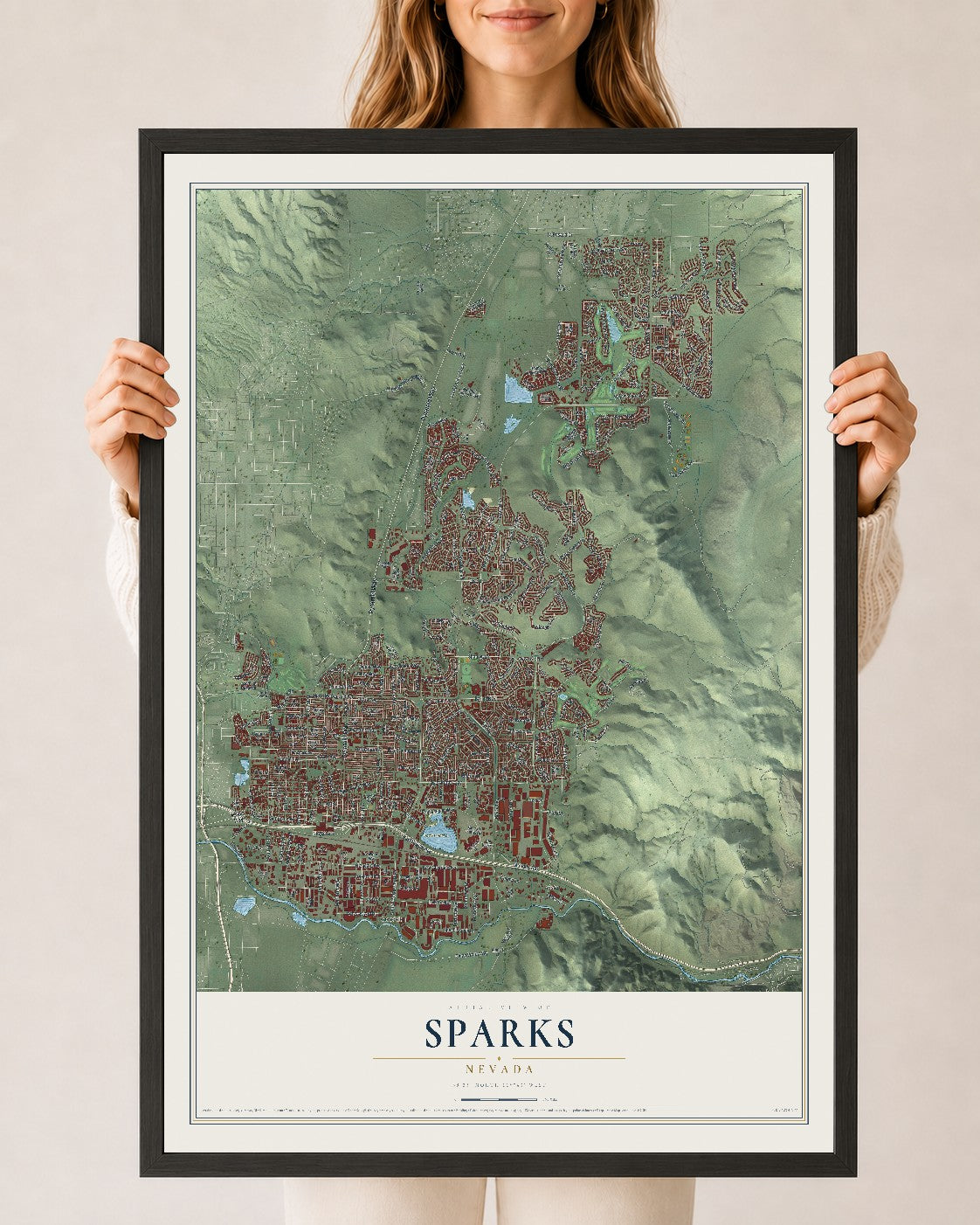 Map of Sparks, Nevada, 24 x 36 inch print in a black wood frame