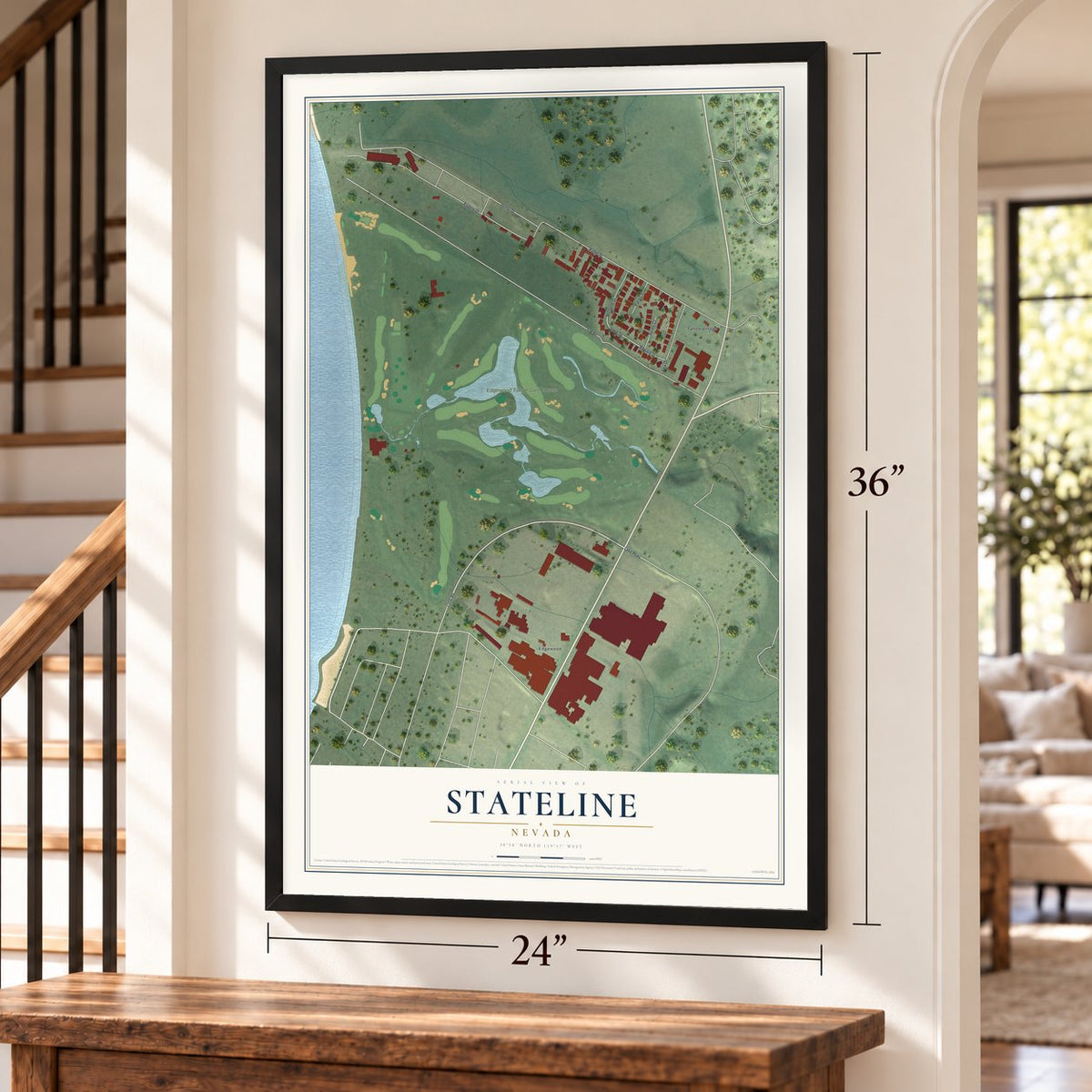 Stateline, Nevada map, 24 x 36 inch print in a black frame by a staircase