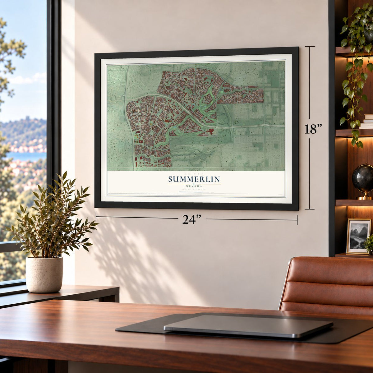 Summerlin, Nevada map, 18 x 24 inch print in a black frame in a home office