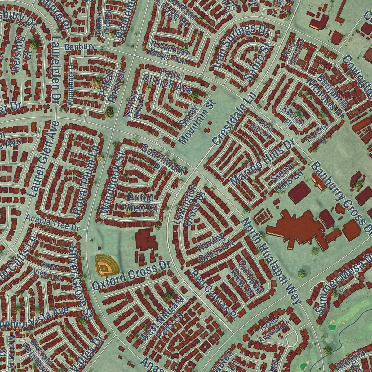 Close-up of the map of Summerlin, Nevada print showing street and building detail