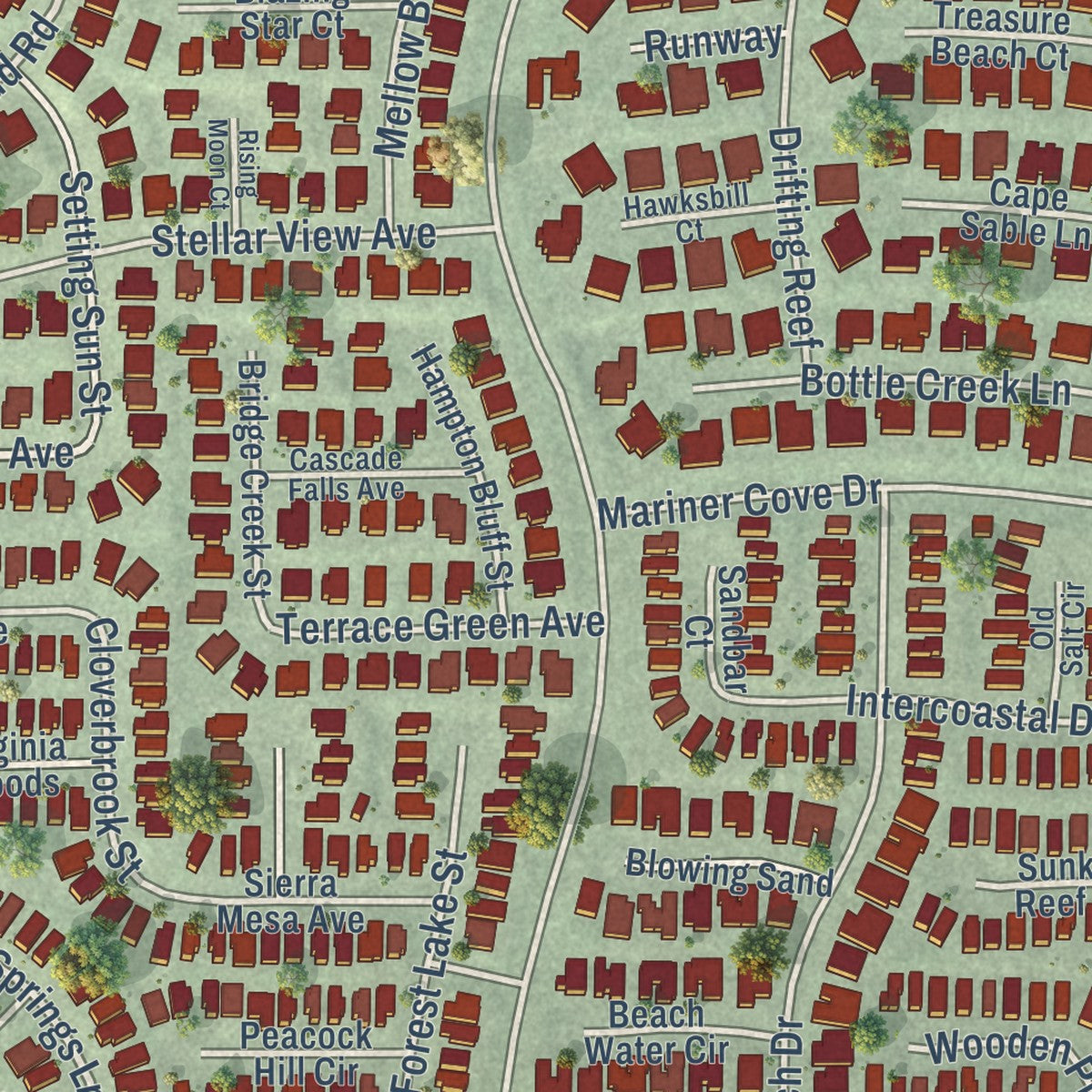 Close-up of the map of The Lakes, Nevada print showing street and building detail