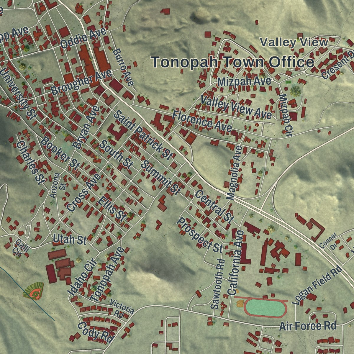 Close-up of the map of Tonopah, Nevada print showing street and building detail