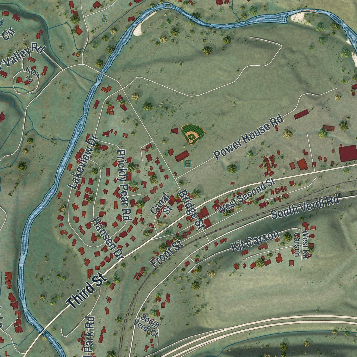 Close-up of the map of Verdi, Nevada print showing street and building detail