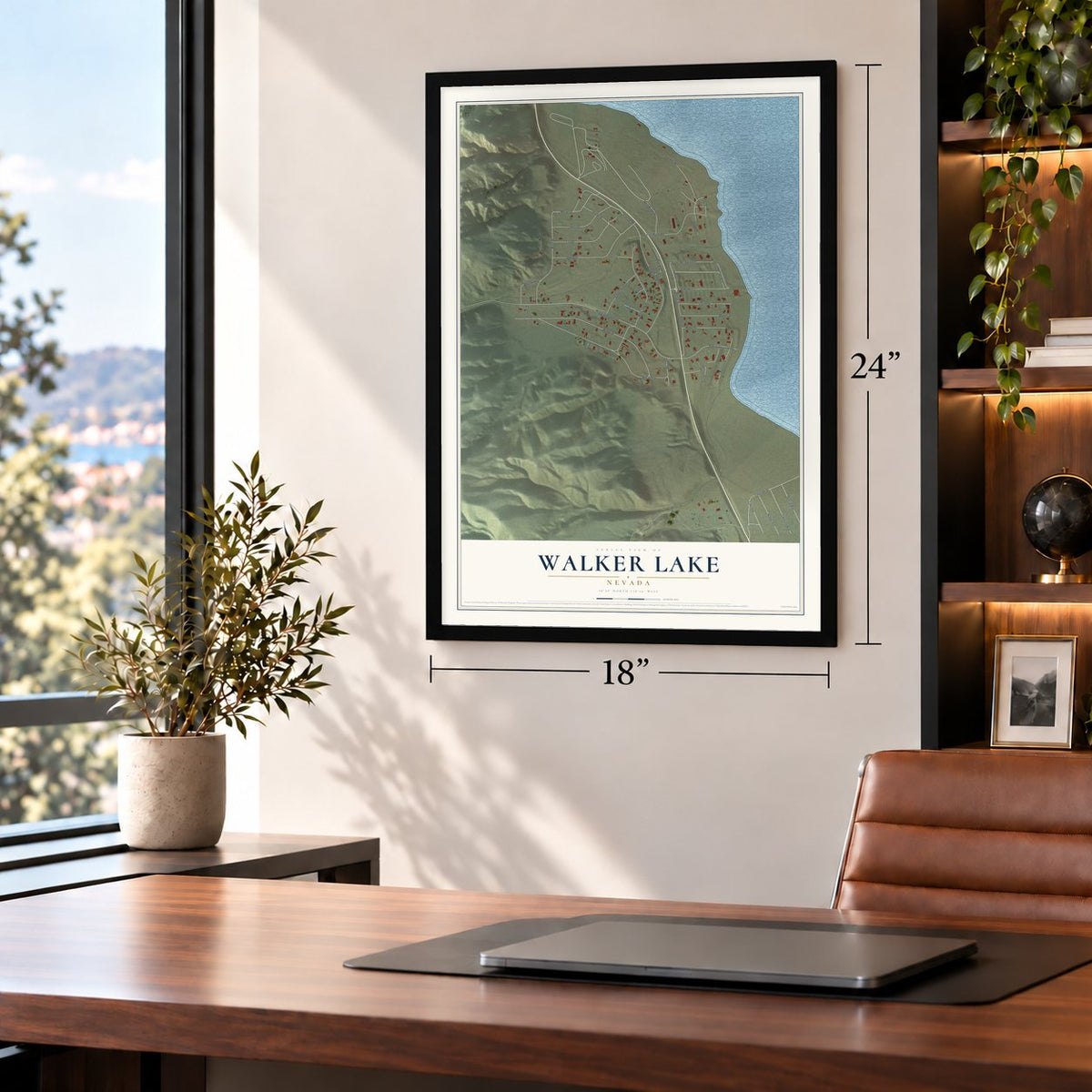 Walker Lake, Nevada map, 18 x 24 inch print in a black frame in a home office