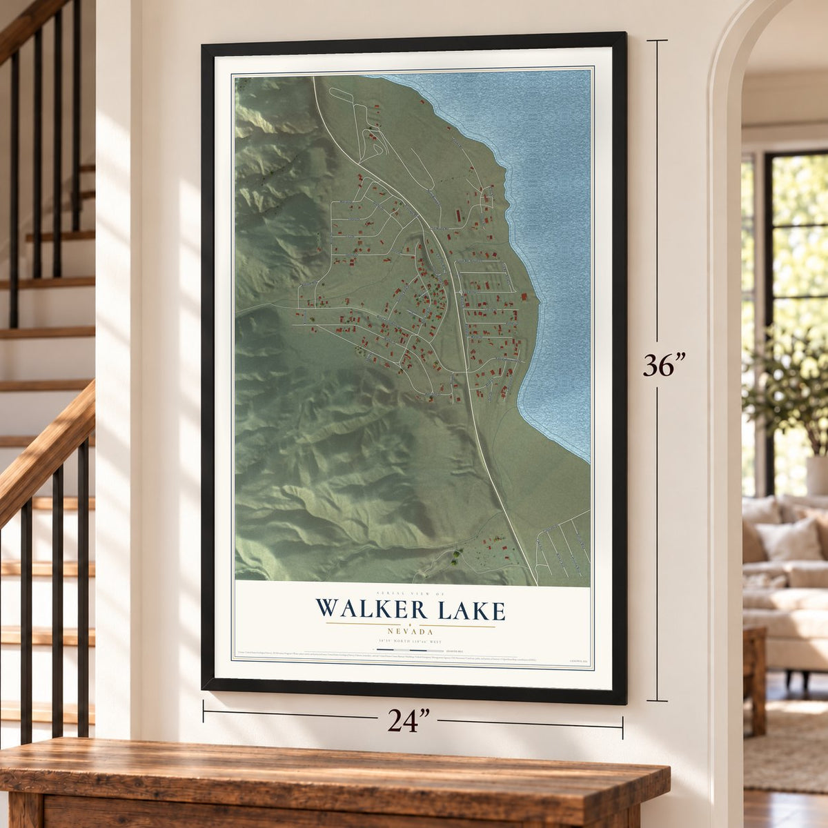 Walker Lake, Nevada map, 24 x 36 inch print in a black frame by a staircase
