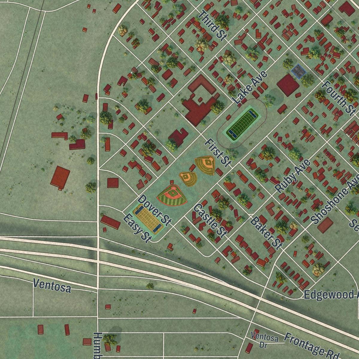 Close-up of the map of Wells, Nevada print showing street and building detail