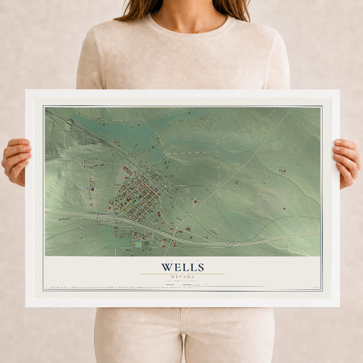 Map of Wells, Nevada, 12 x 18 inch print in a white wood frame