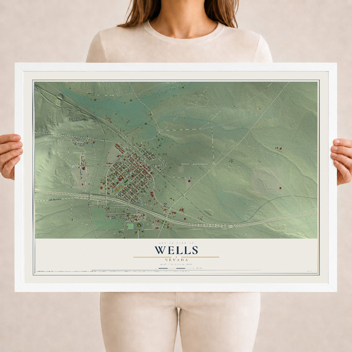 Map of Wells, Nevada, 18 x 24 inch print in a white wood frame
