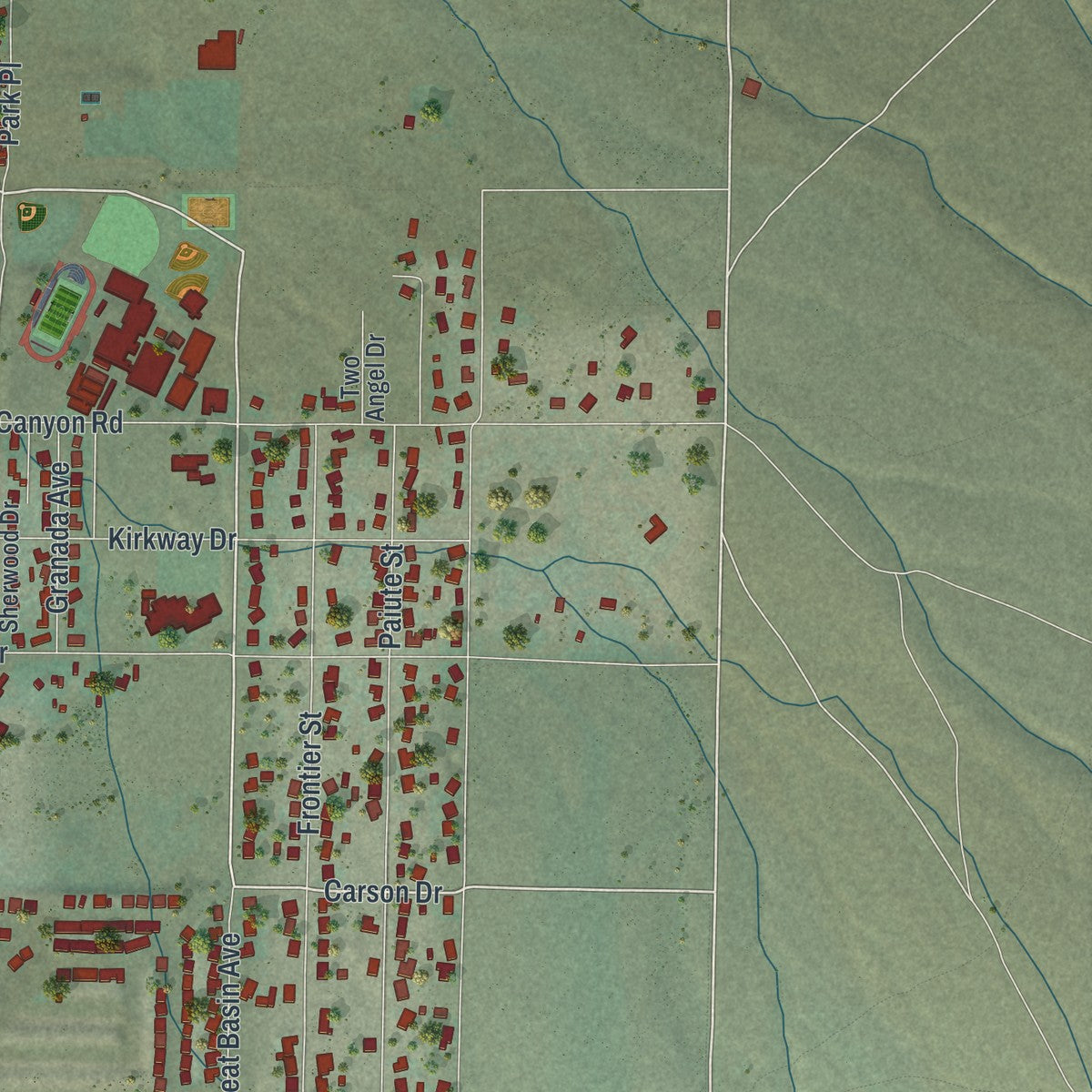 Second close-up of the map of Winnemucca, Nevada print showing more streets and buildings