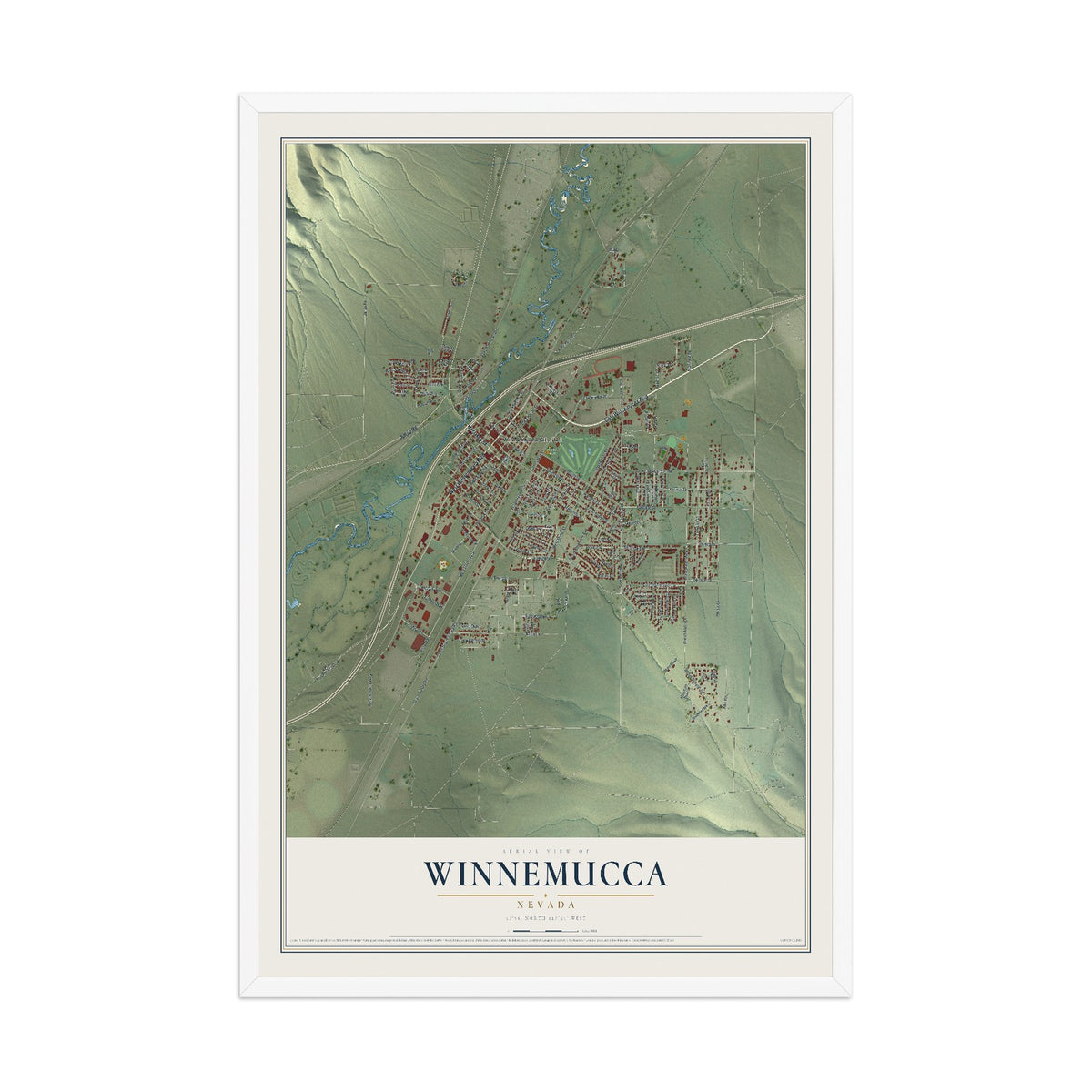 Map of Winnemucca, Nevada, 12 x 18 inch print in a white wood frame