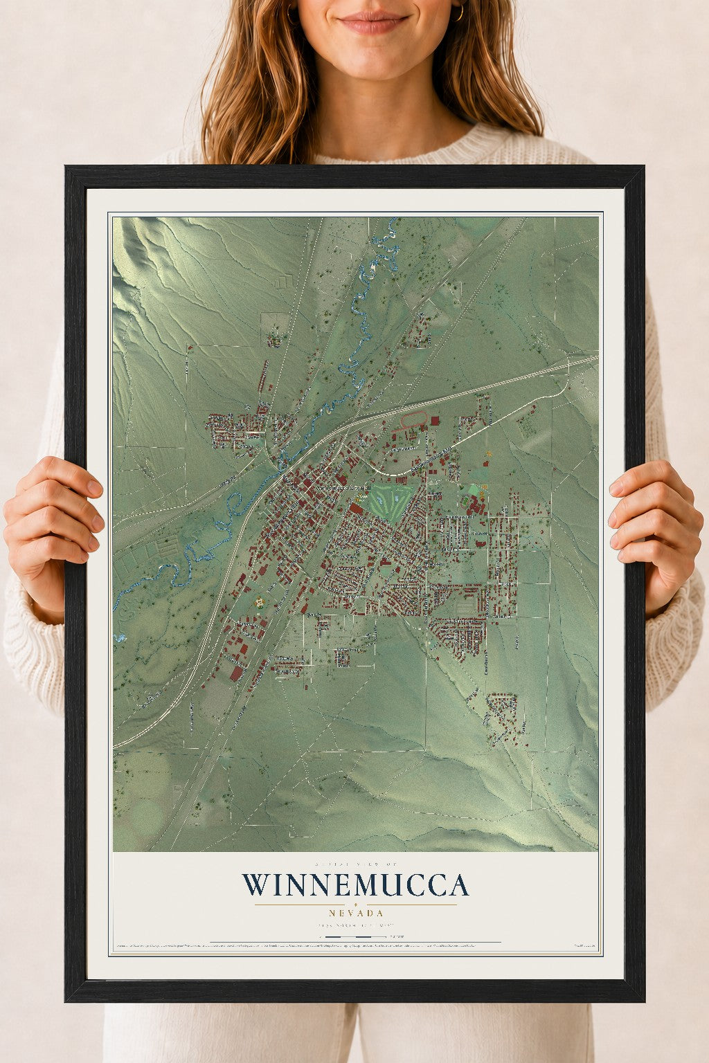Map of Winnemucca, Nevada, 18 x 24 inch print in a black wood frame
