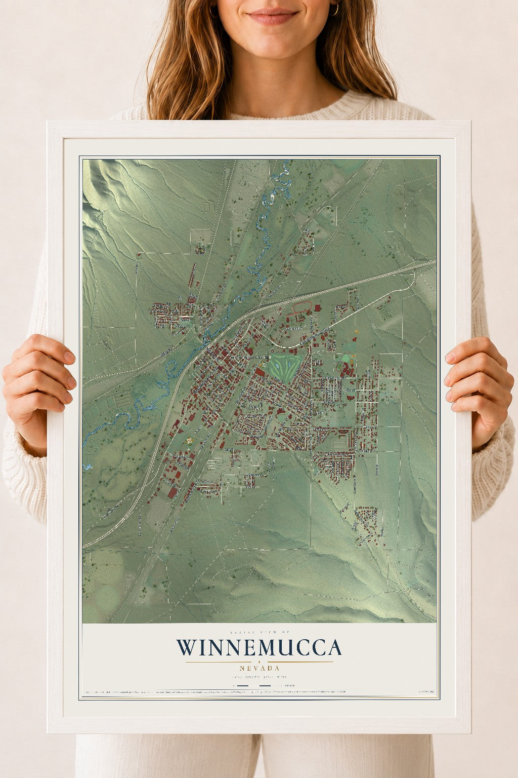 Map of Winnemucca, Nevada, 18 x 24 inch print in a white wood frame