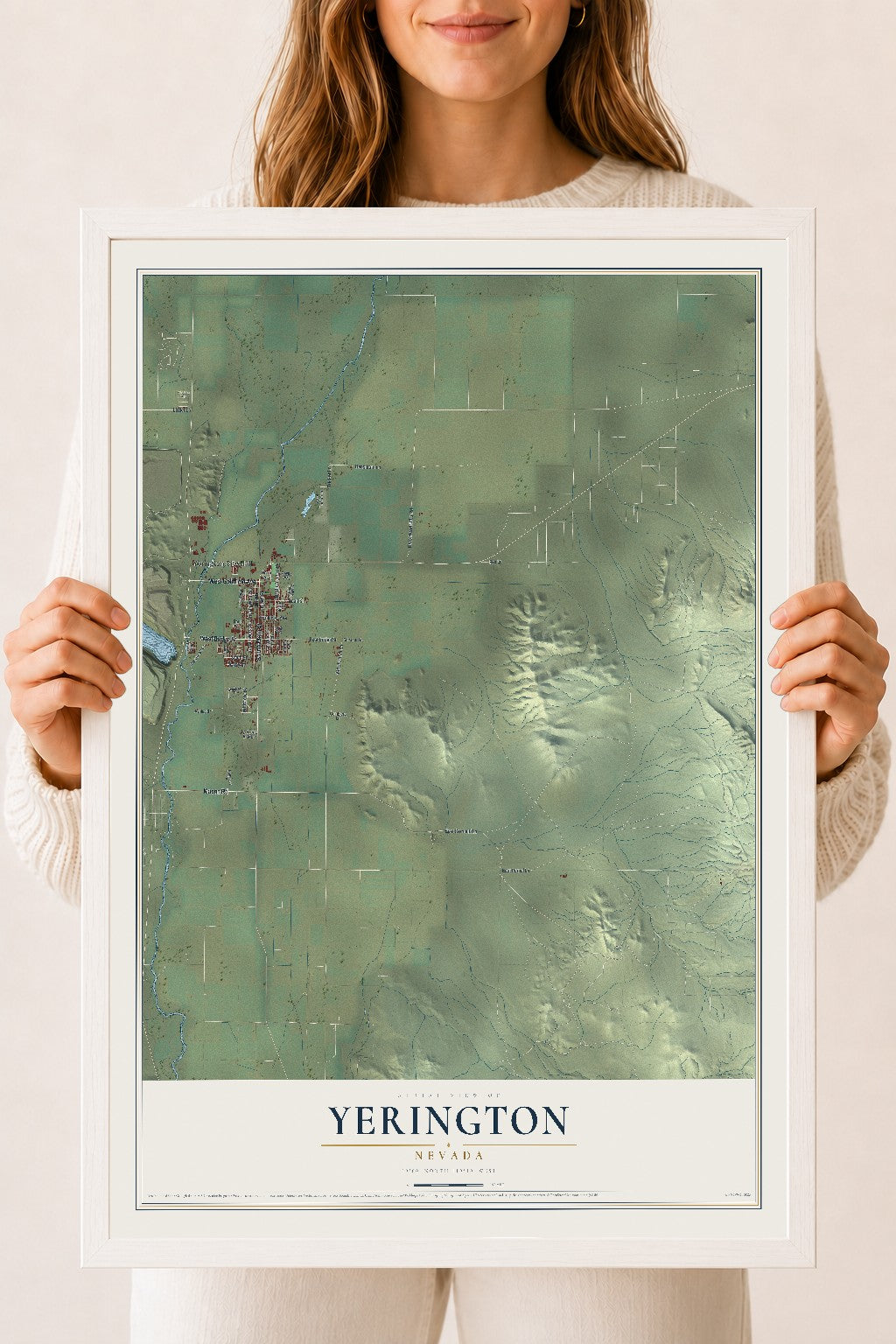 Map of Yerington, Nevada, 18 x 24 inch print in a white wood frame