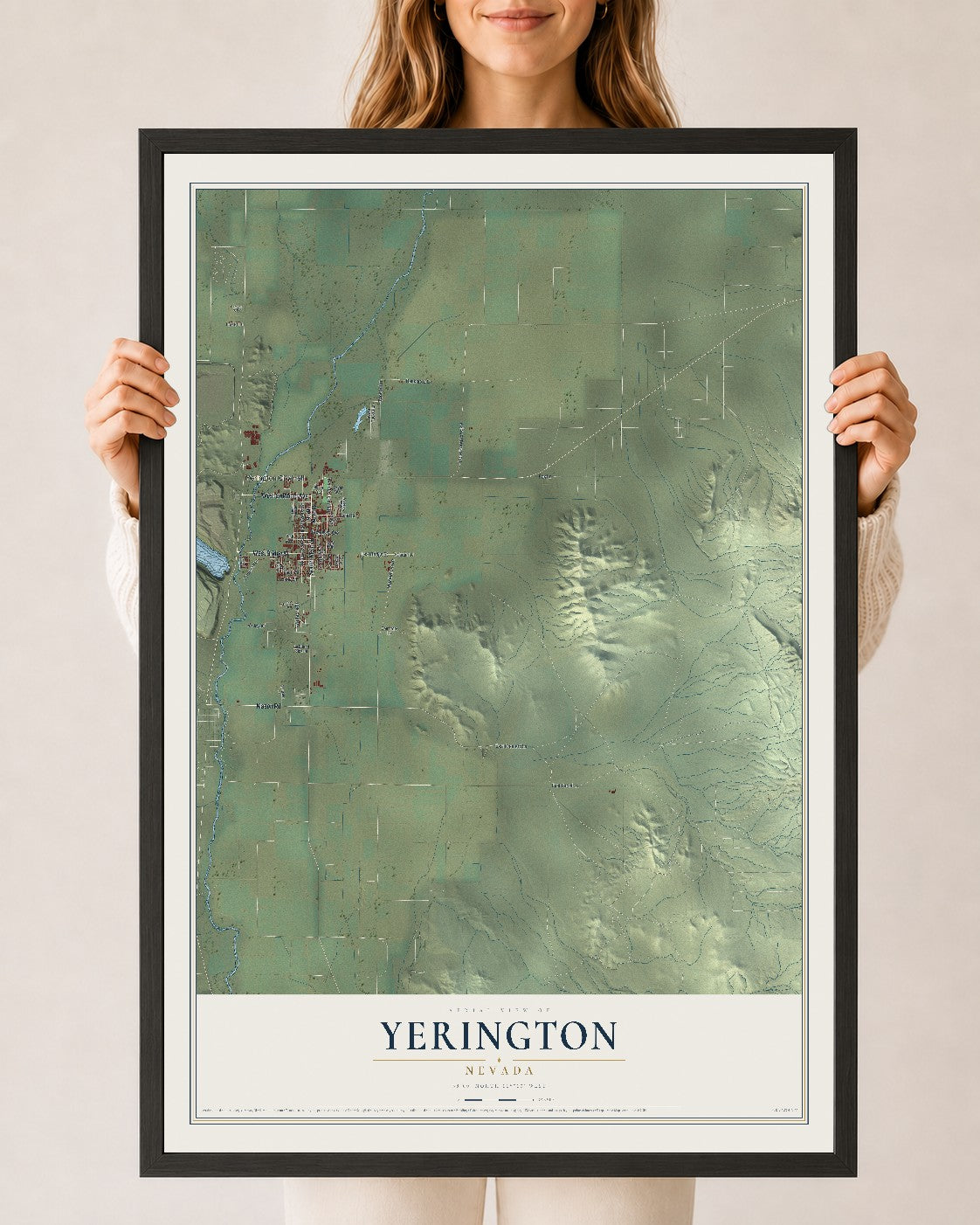 Map of Yerington, Nevada, 24 x 36 inch print in a black wood frame