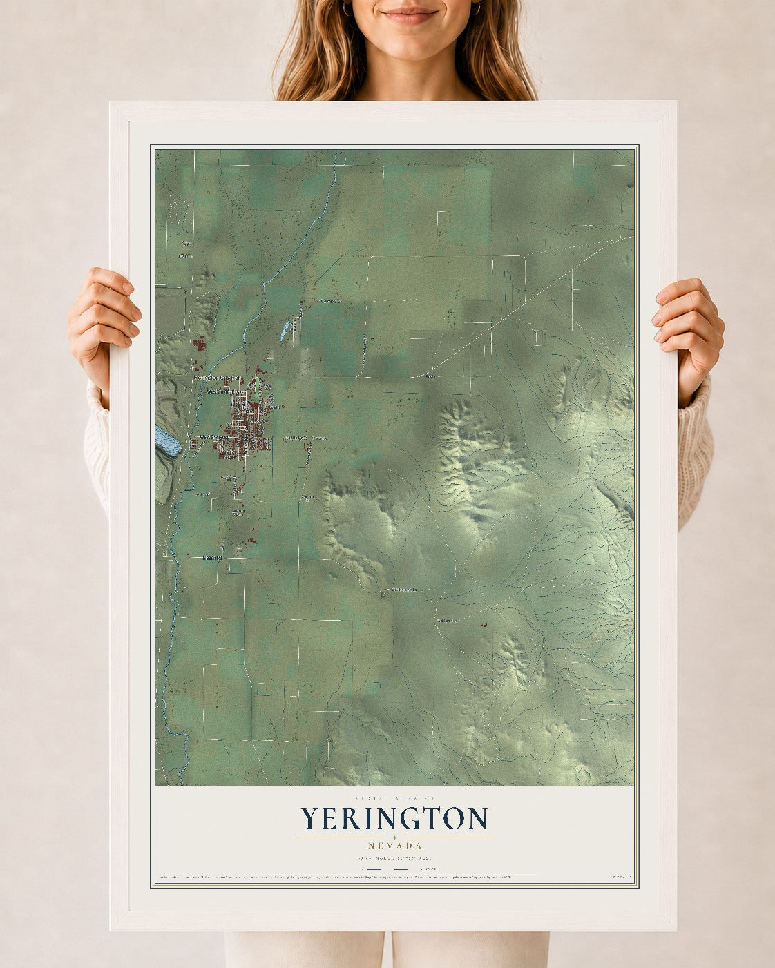 Map of Yerington, Nevada, 24 x 36 inch print in a white wood frame
