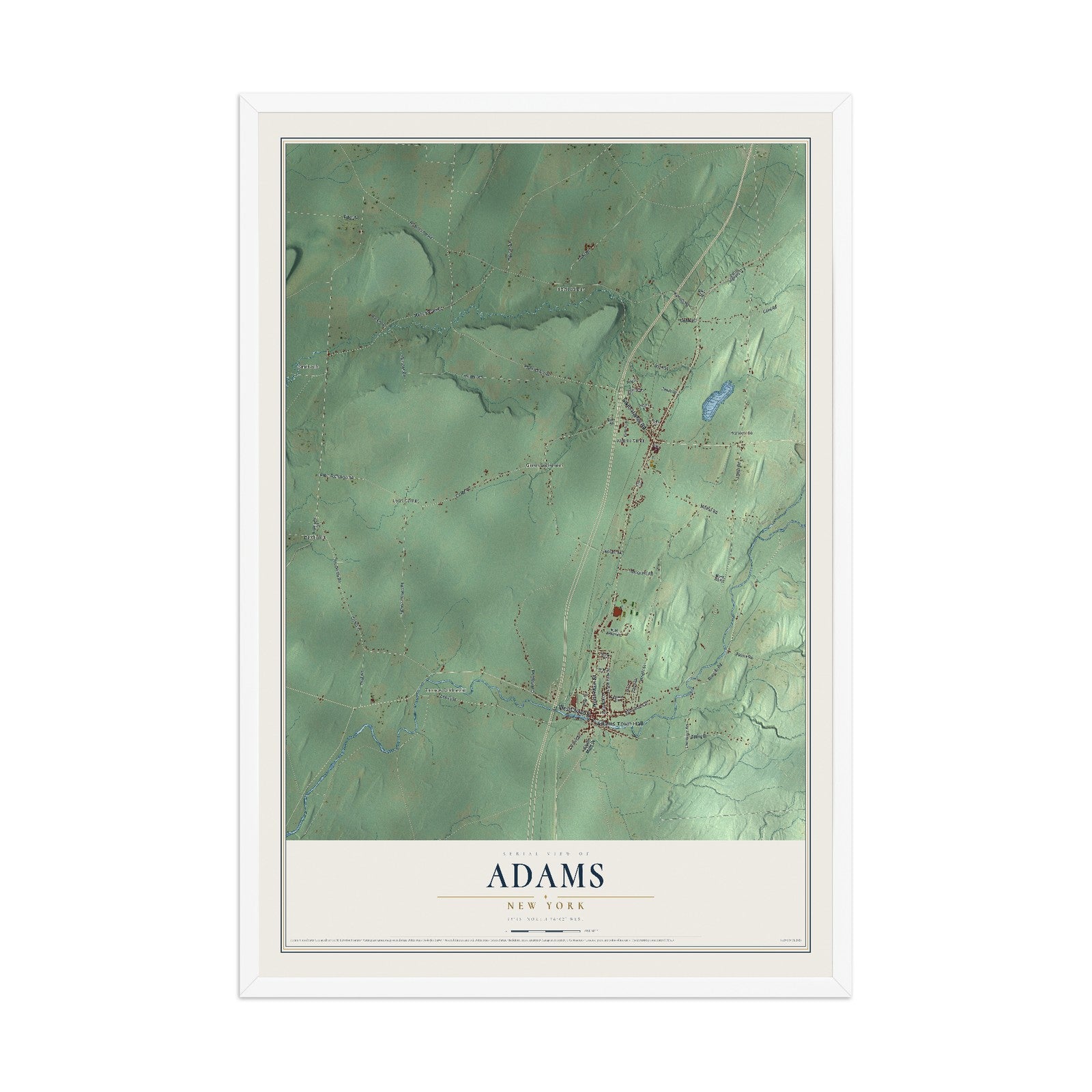Adams, New York map print, 12" x 18" W/ White Ayous Wood Frame mockup