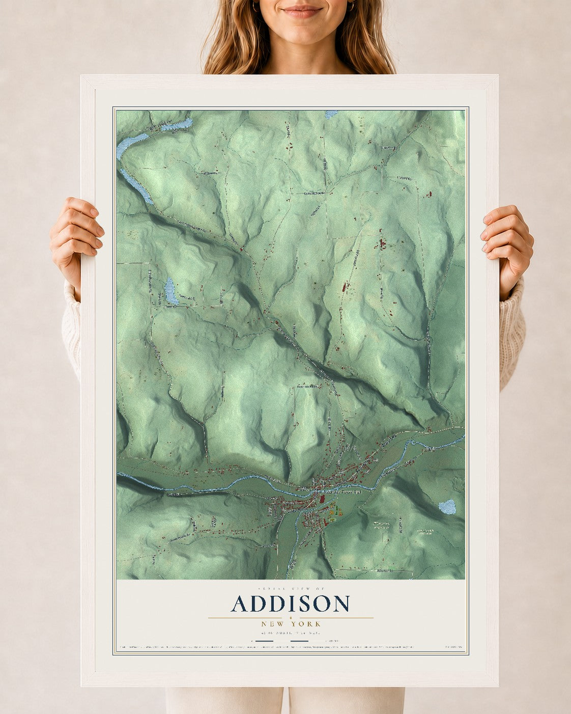 Addison, New York map print, 24" x 36" W/ White Ayous Wood Frame mockup