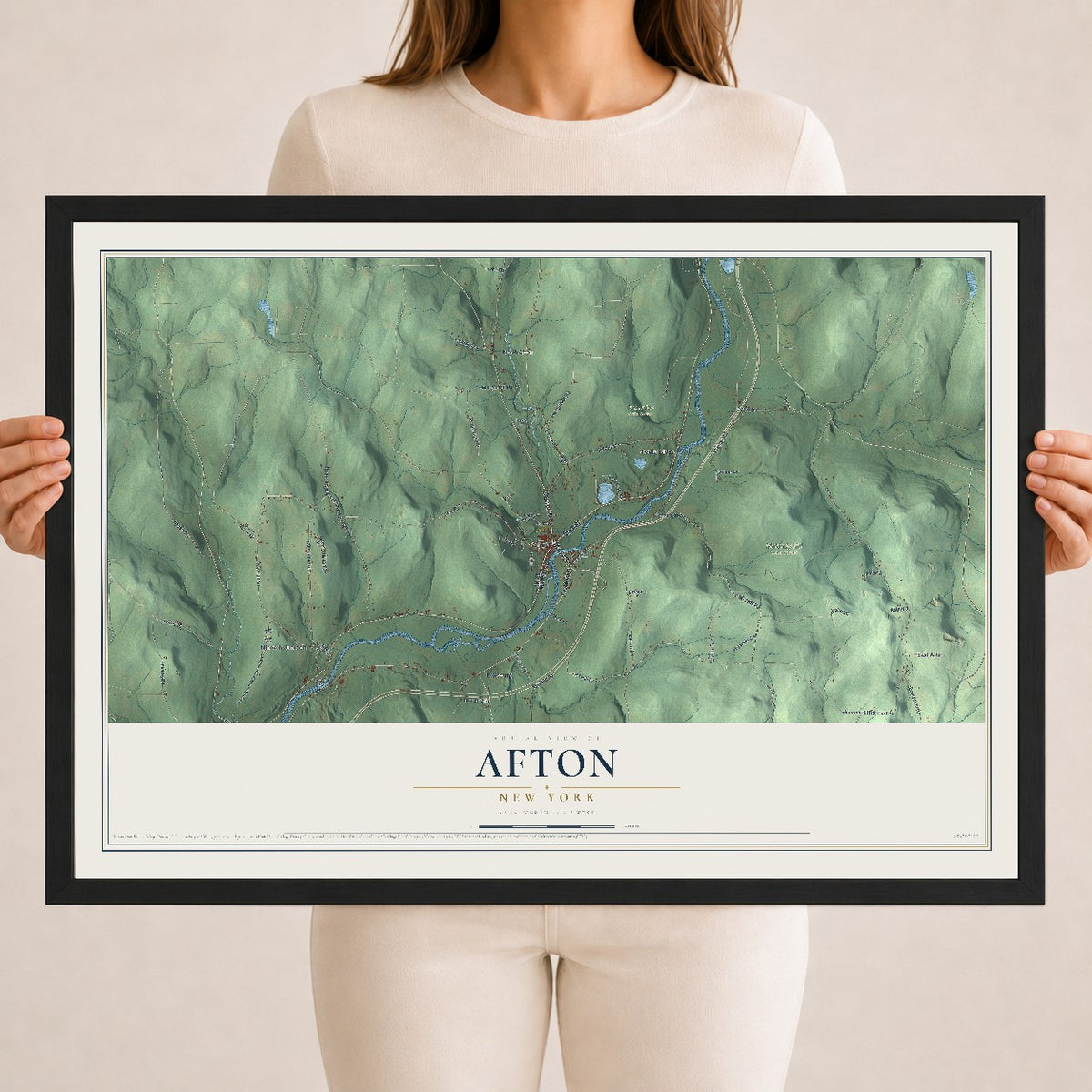 Afton, New York map print, 18" x 24" W/ Black Ayous Wood Frame mockup