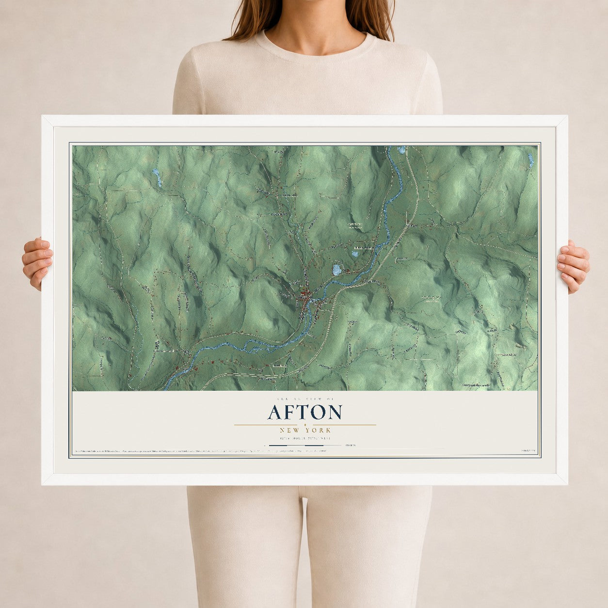 Afton, New York map print, 24" x 36" W/ White Ayous Wood Frame mockup