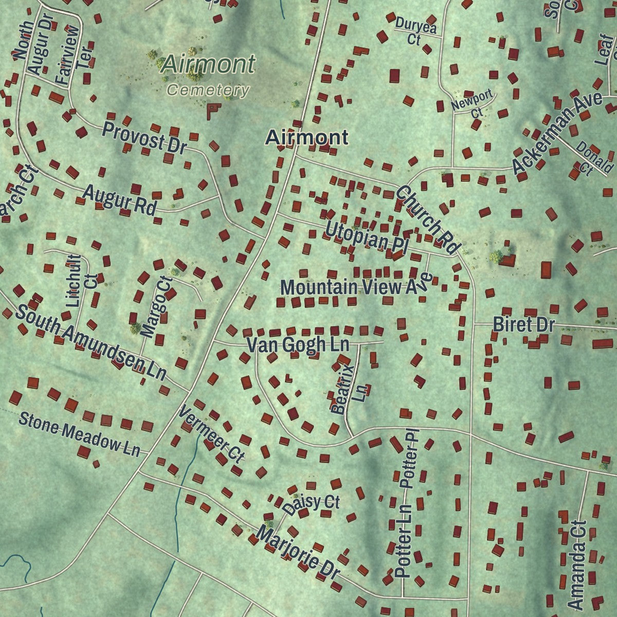 Close-up of the map of Airmont, New York print showing street and building detail
