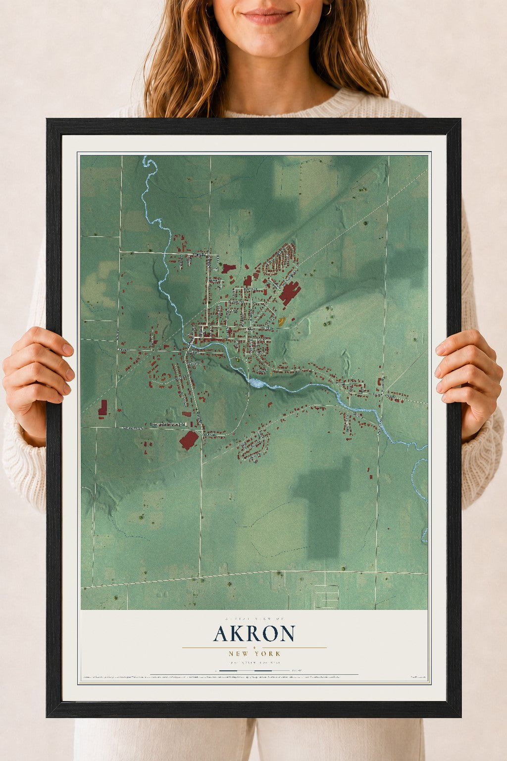 Akron, New York map print, 18" x 24" W/ Black Ayous Wood Frame mockup
