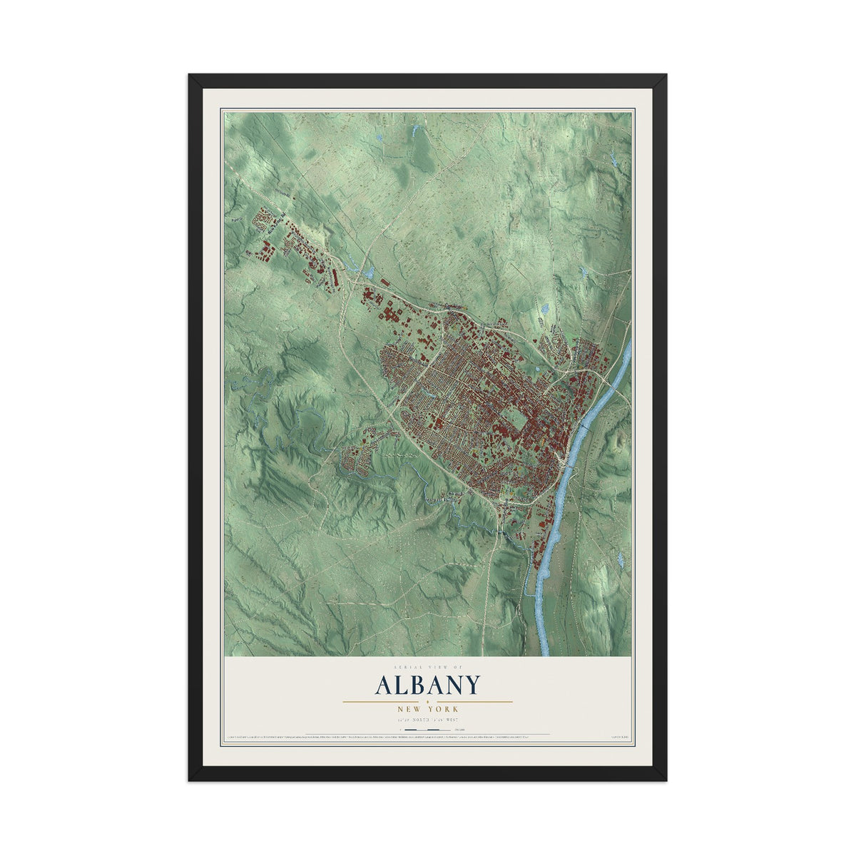 Albany, New York map print, 12" x 18" W/ Black Ayous Wood Frame mockup