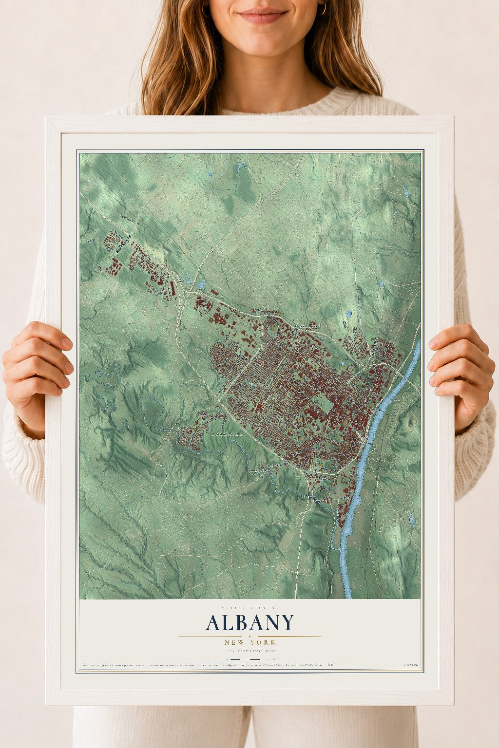 Albany, New York map print, 18" x 24" W/ White Ayous Wood Frame mockup
