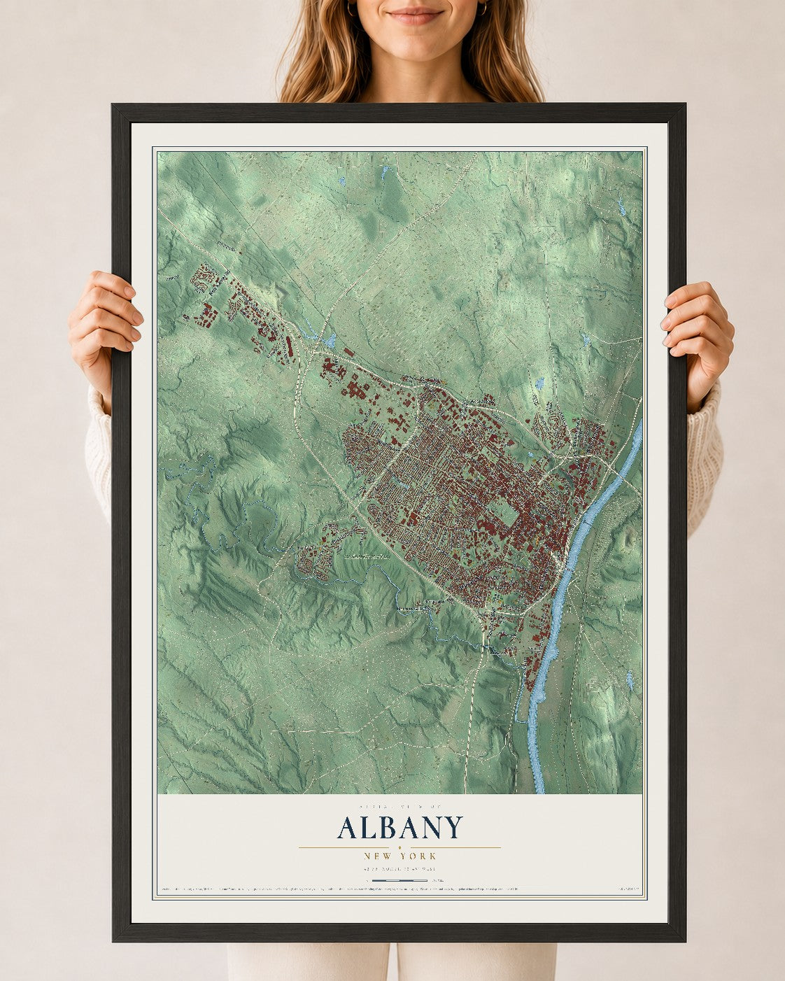 Albany, New York map print, 24" x 36" W/ Black Ayous Wood Frame mockup