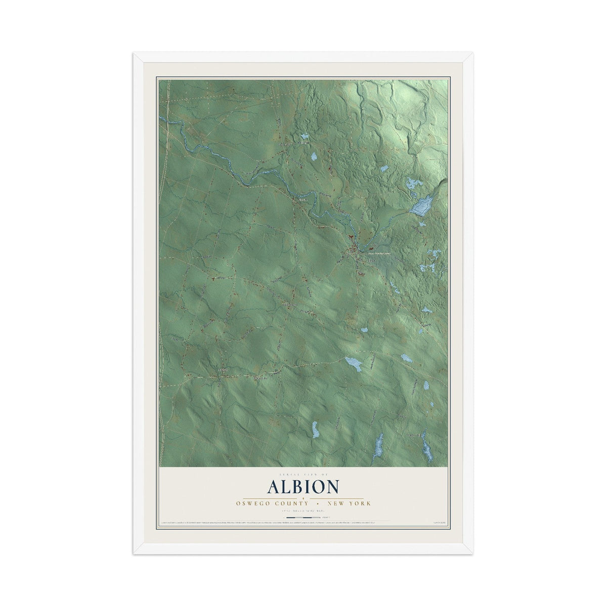 Map of Albion, Oswego County, New York, 12 x 18 inch print in a white wood frame