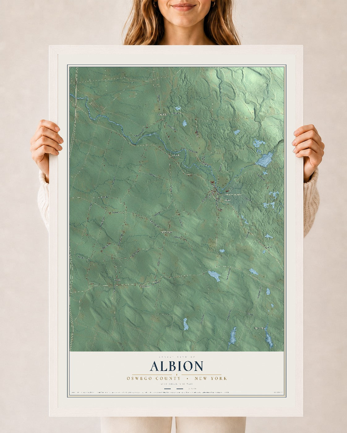 Map of Albion, Oswego County, New York, 24 x 36 inch print in a white wood frame