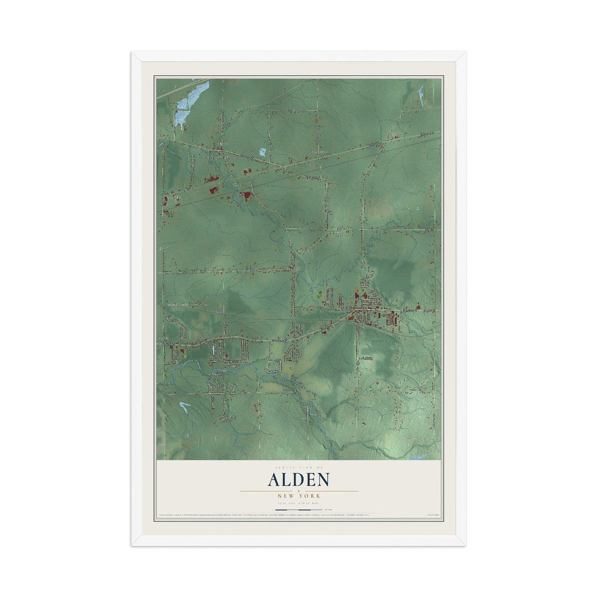 Alden, New York map print, 12" x 18" W/ White Ayous Wood Frame mockup