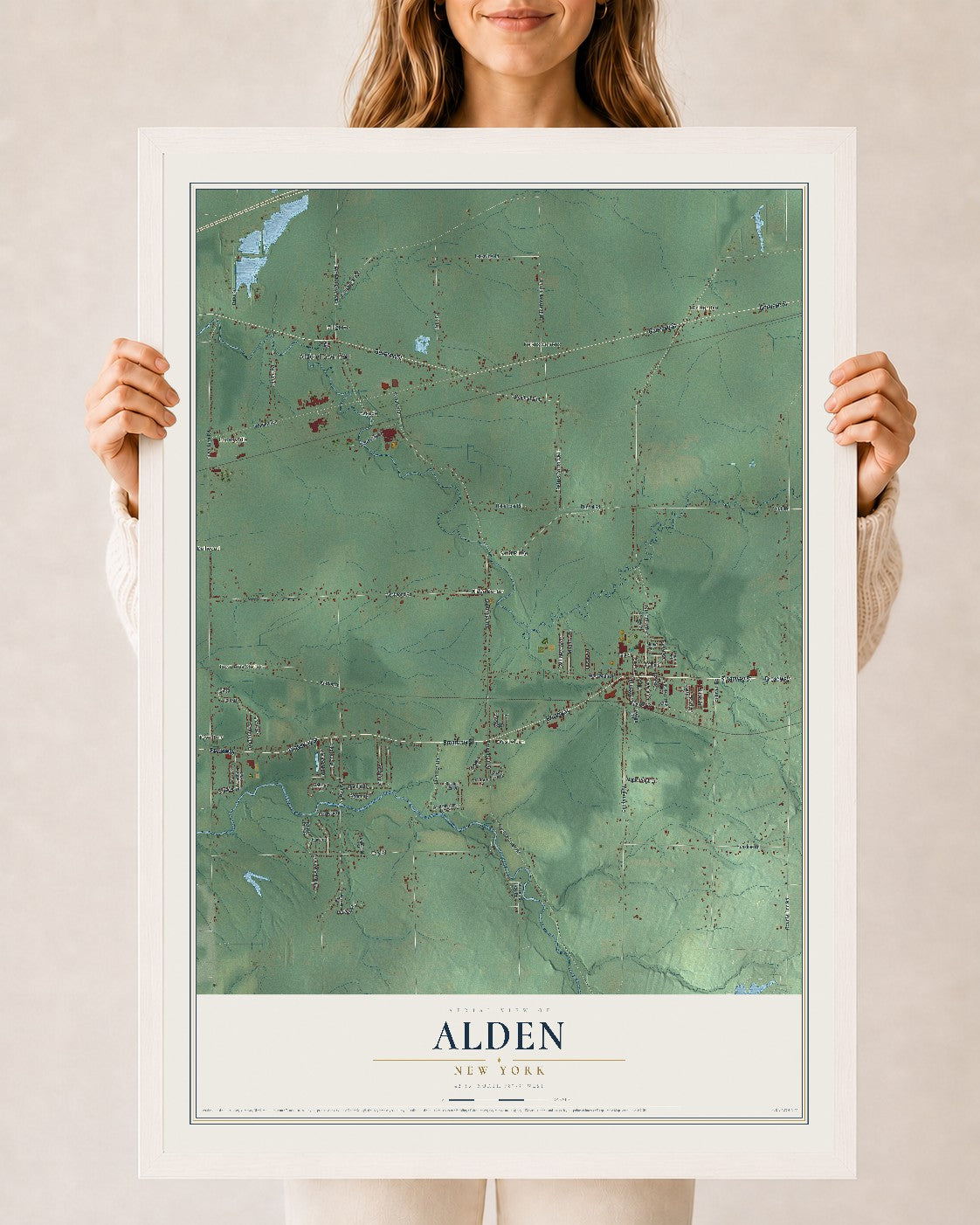 Alden, New York map print, 24" x 36" W/ White Ayous Wood Frame mockup