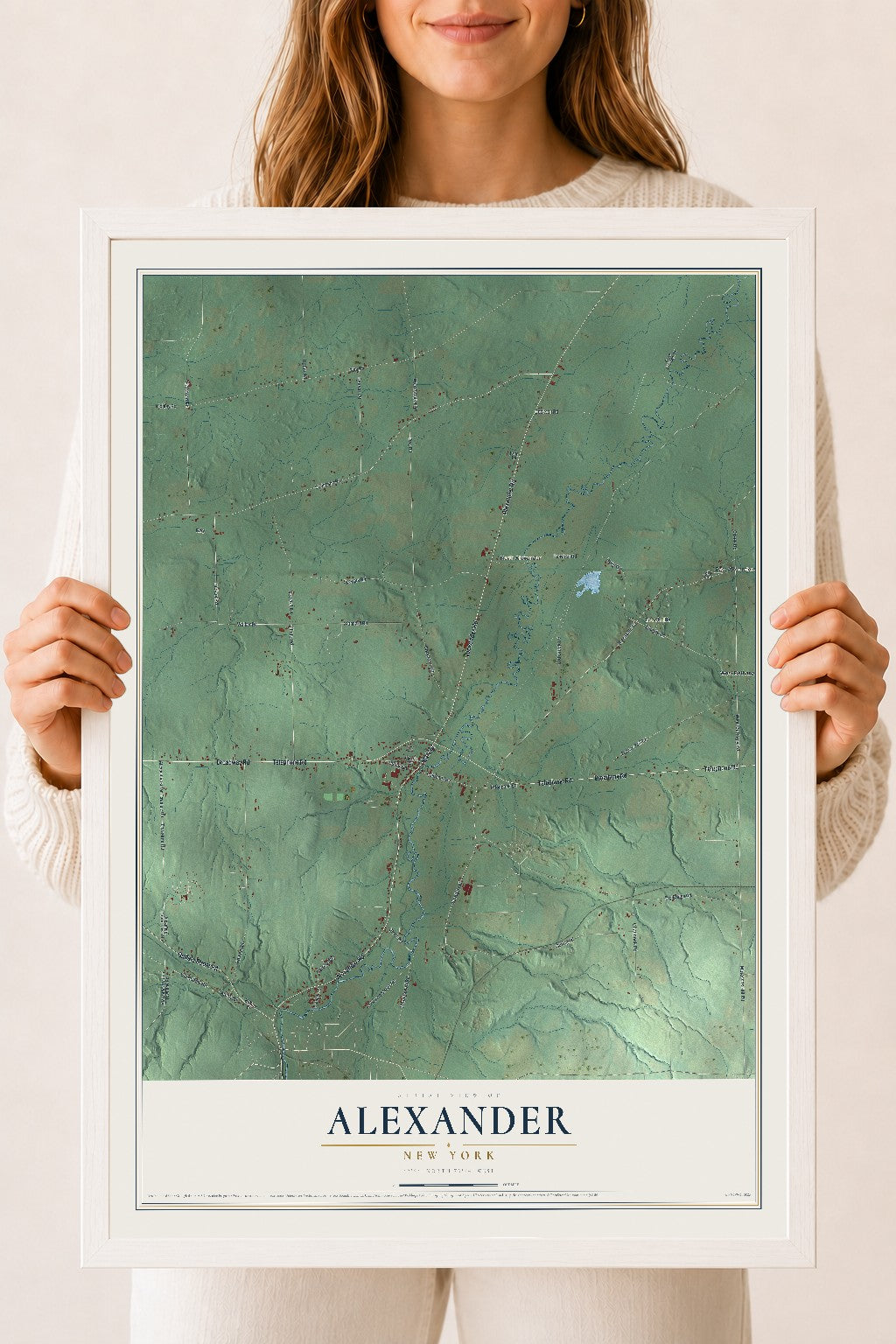 Alexander, New York map print, 18" x 24" W/ White Ayous Wood Frame mockup