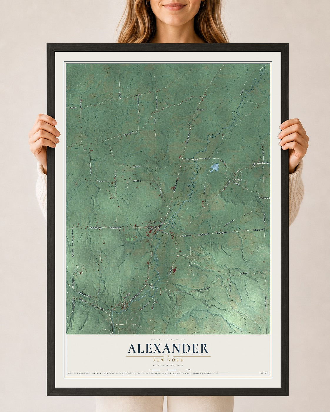 Alexander, New York map print, 24" x 36" W/ Black Ayous Wood Frame mockup