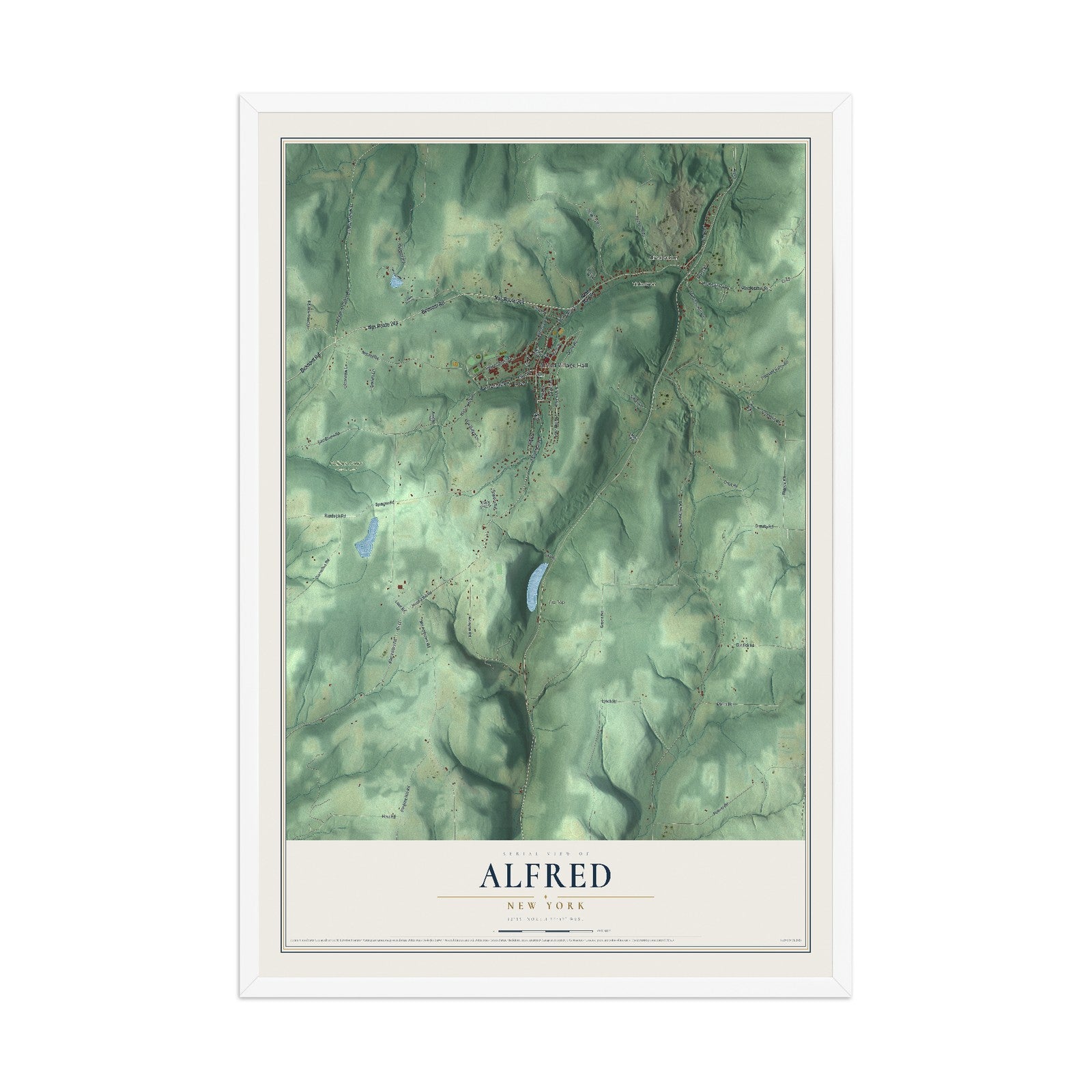Alfred, New York map print, 12" x 18" W/ White Ayous Wood Frame mockup
