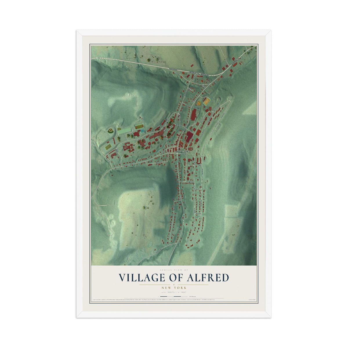 Alfred, New York map print, 12" x 18" W/ White Ayous Wood Frame mockup