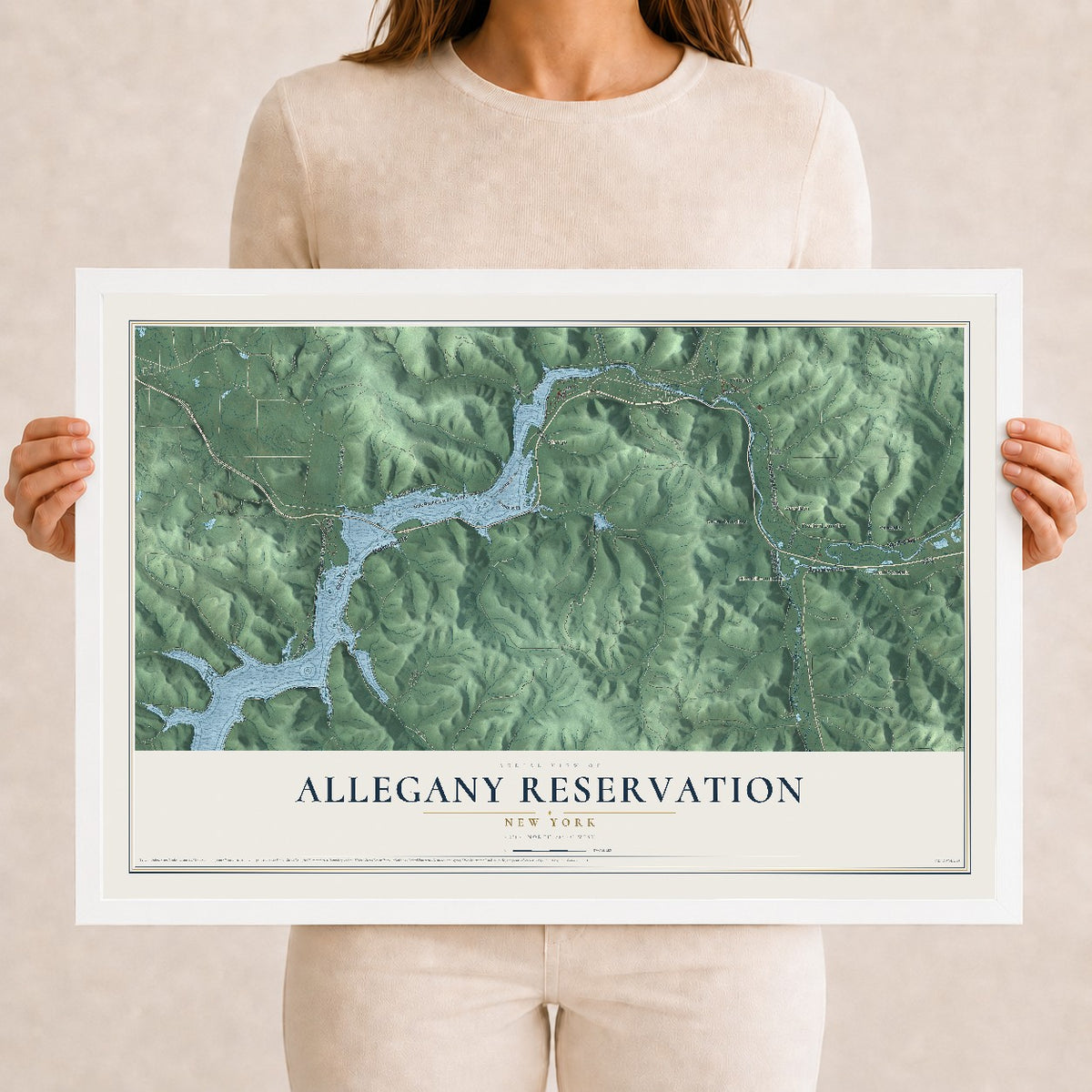 Allegany Reservation, New York map print, 12" x 18" W/ White Ayous Wood Frame mockup
