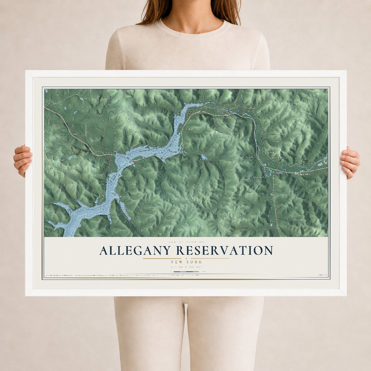 Allegany Reservation, New York map print, 24" x 36" W/ White Ayous Wood Frame mockup