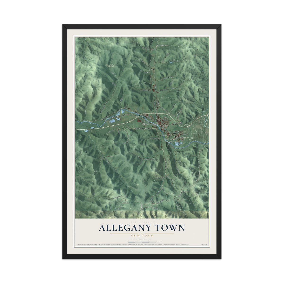 Allegany Town, New York map print, 12" x 18" W/ Black Ayous Wood Frame mockup