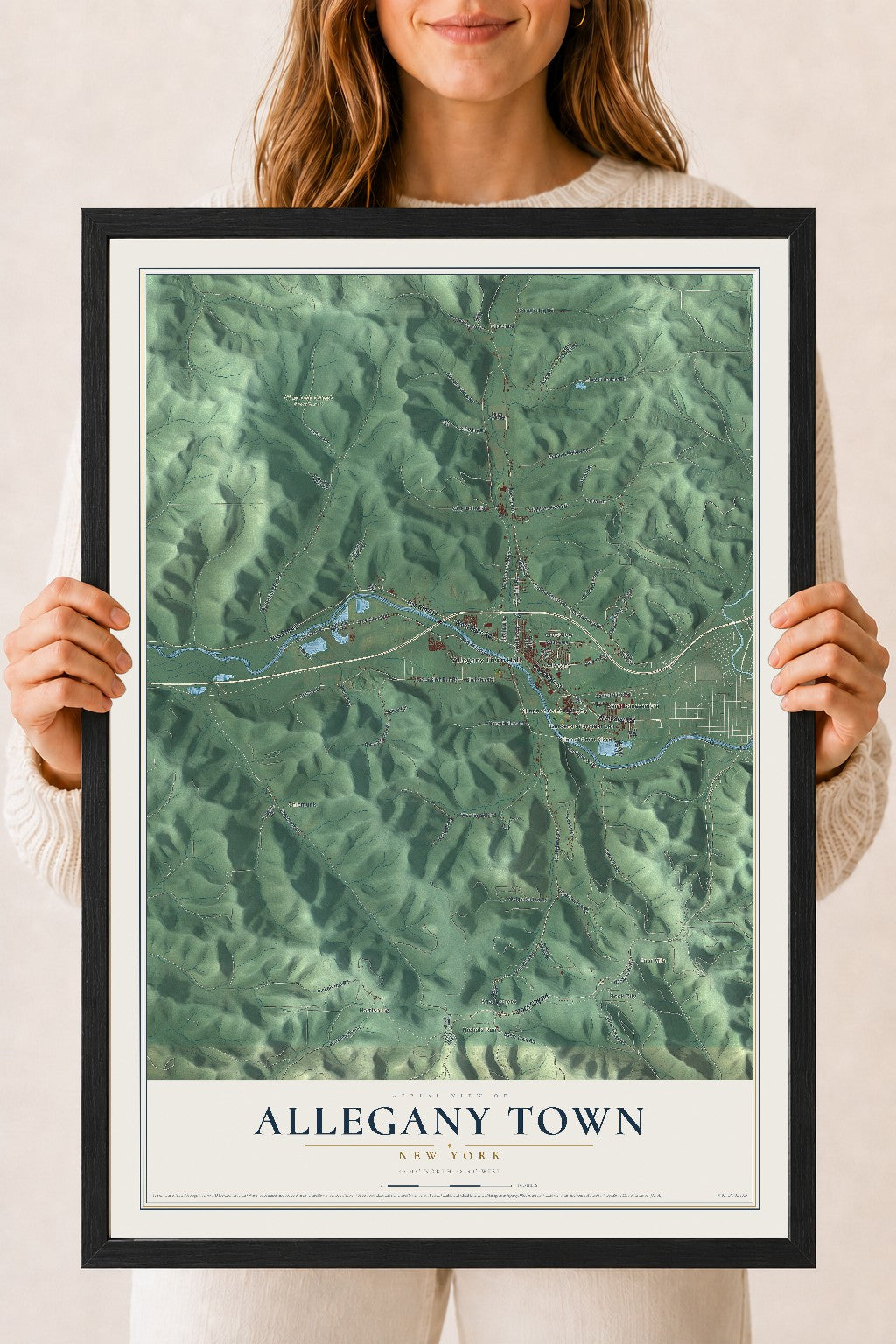Allegany Town, New York map print, 18" x 24" W/ Black Ayous Wood Frame mockup