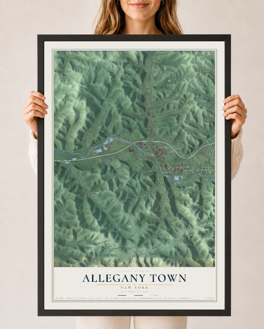 Allegany Town, New York map print, 24" x 36" W/ Black Ayous Wood Frame mockup