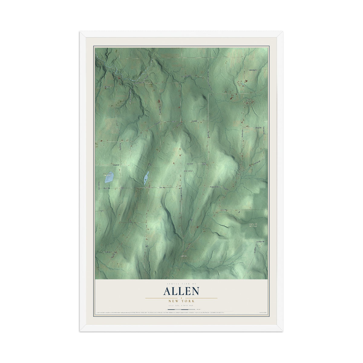 Allen, New York map print, 12" x 18" W/ White Ayous Wood Frame mockup