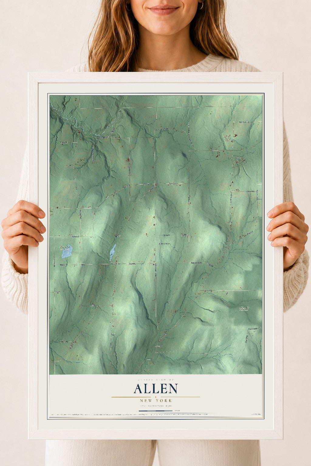 Allen, New York map print, 18" x 24" W/ White Ayous Wood Frame mockup