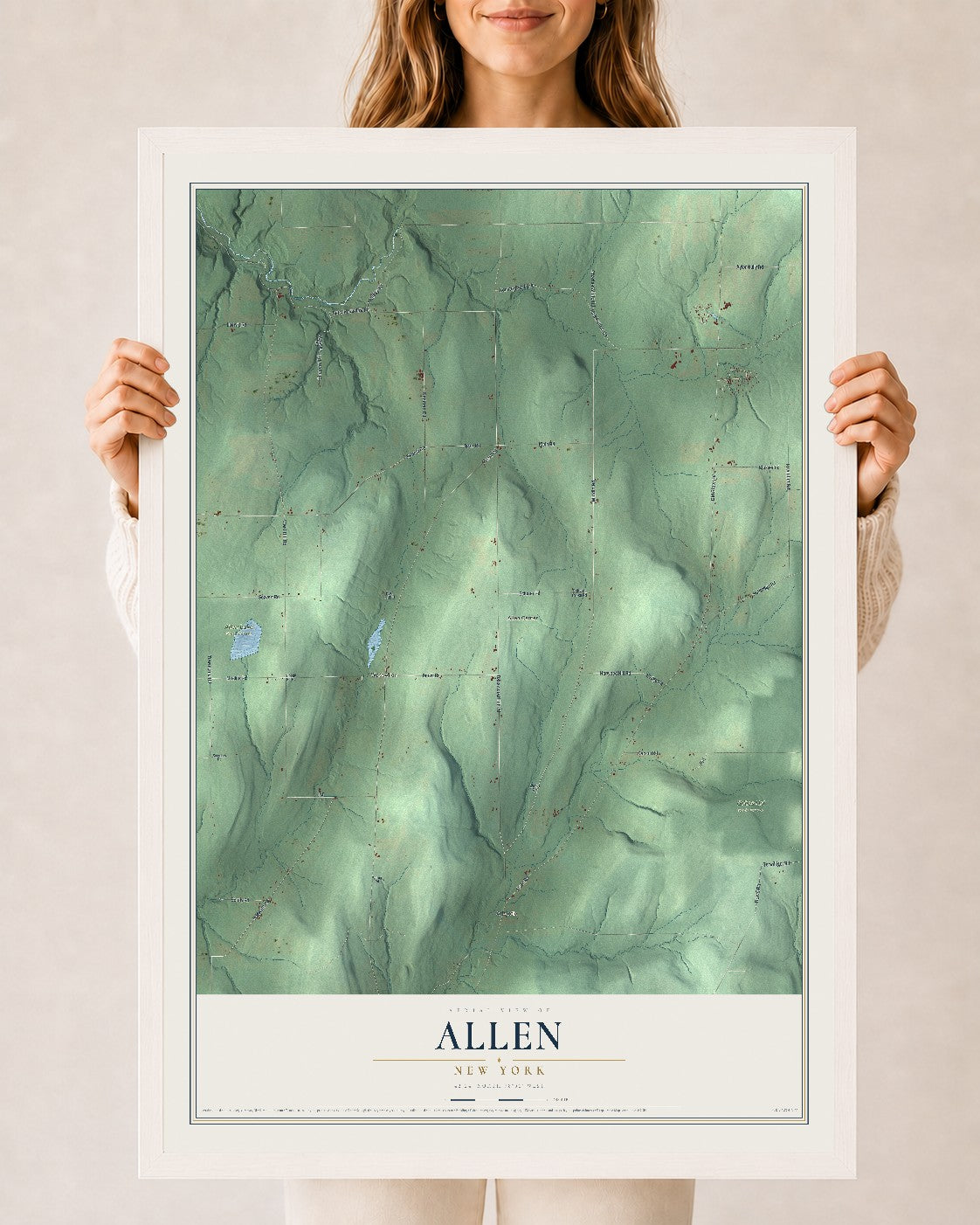 Allen, New York map print, 24" x 36" W/ White Ayous Wood Frame mockup