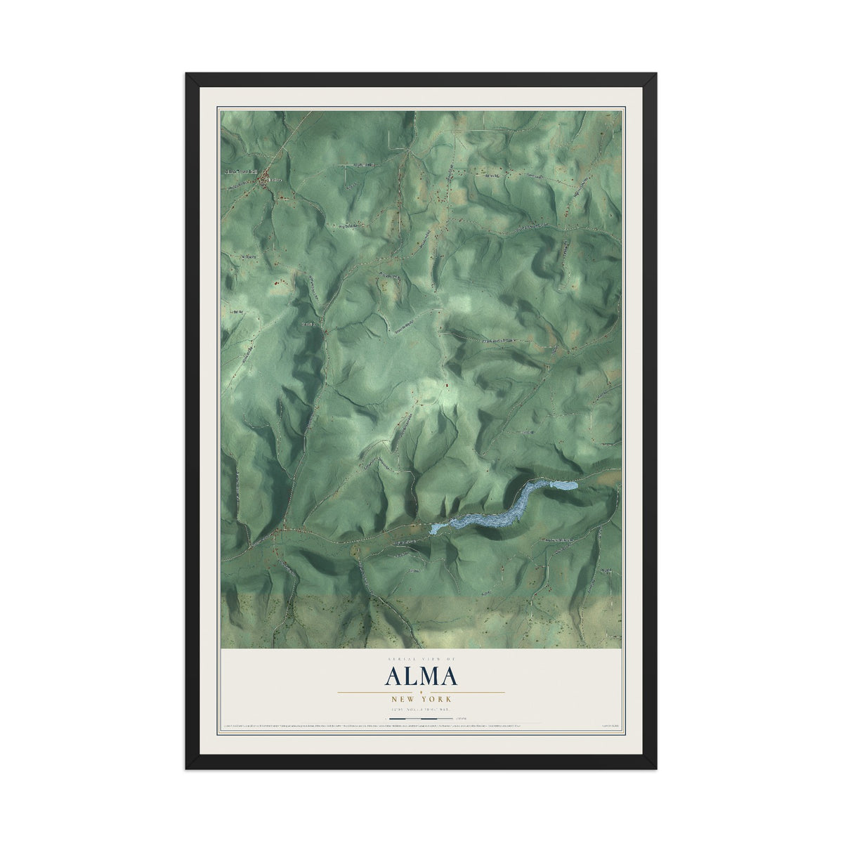 Alma, New York map print, 12" x 18" W/ Black Ayous Wood Frame mockup