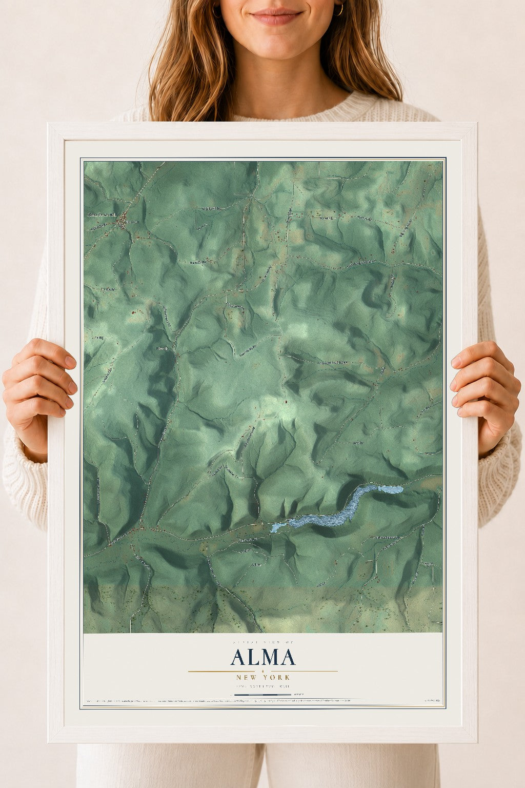 Alma, New York map print, 18" x 24" W/ White Ayous Wood Frame mockup