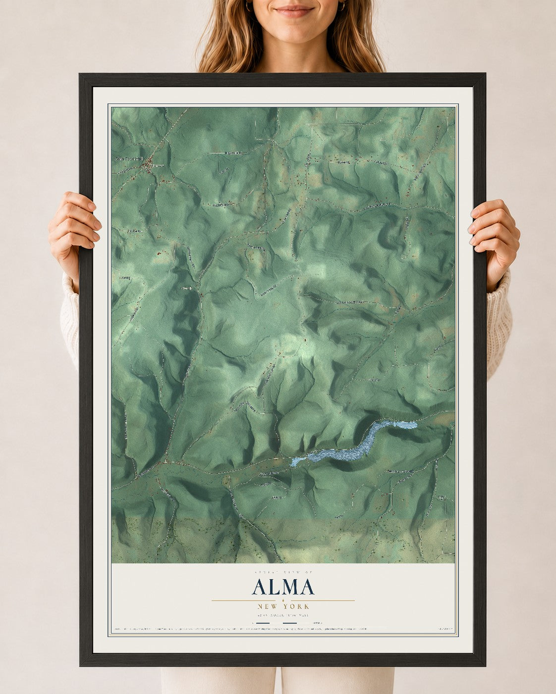 Alma, New York map print, 24" x 36" W/ Black Ayous Wood Frame mockup